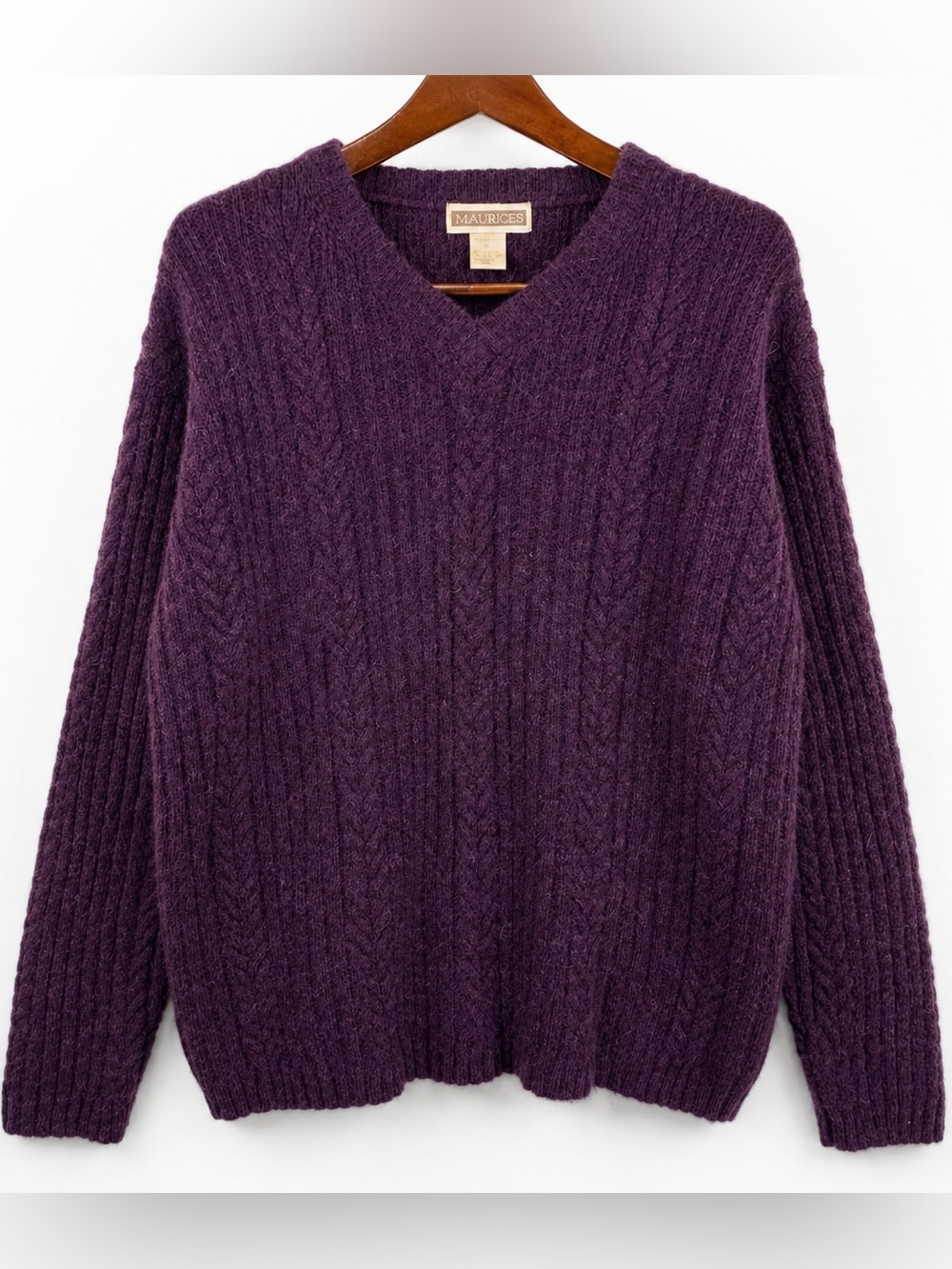 Vintage Y2K Maurices 100% Wool Purple Cable Knit V Neck Sweater L